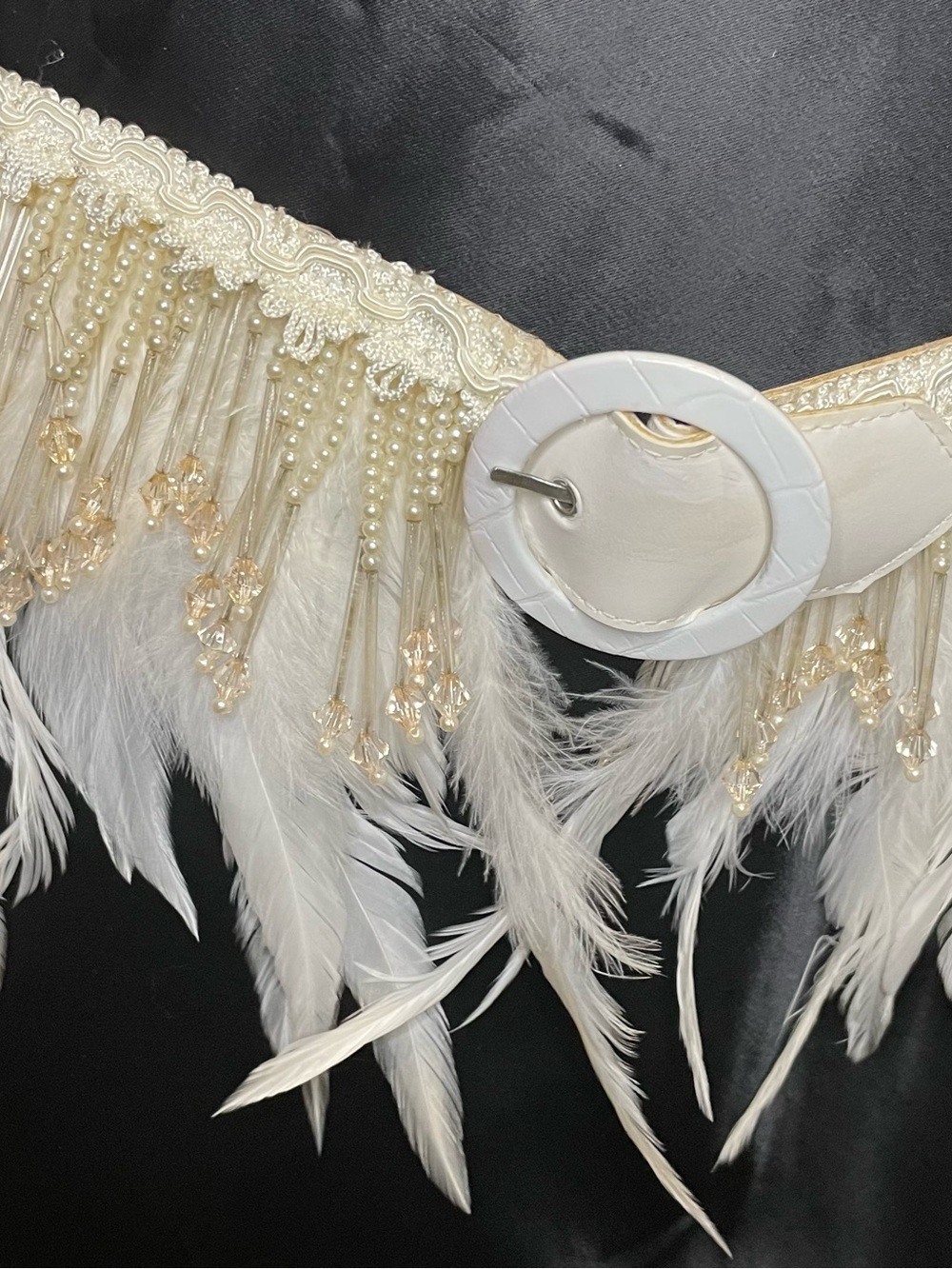Women’s Ivory Feather Fringe Belt with Pearl Trim